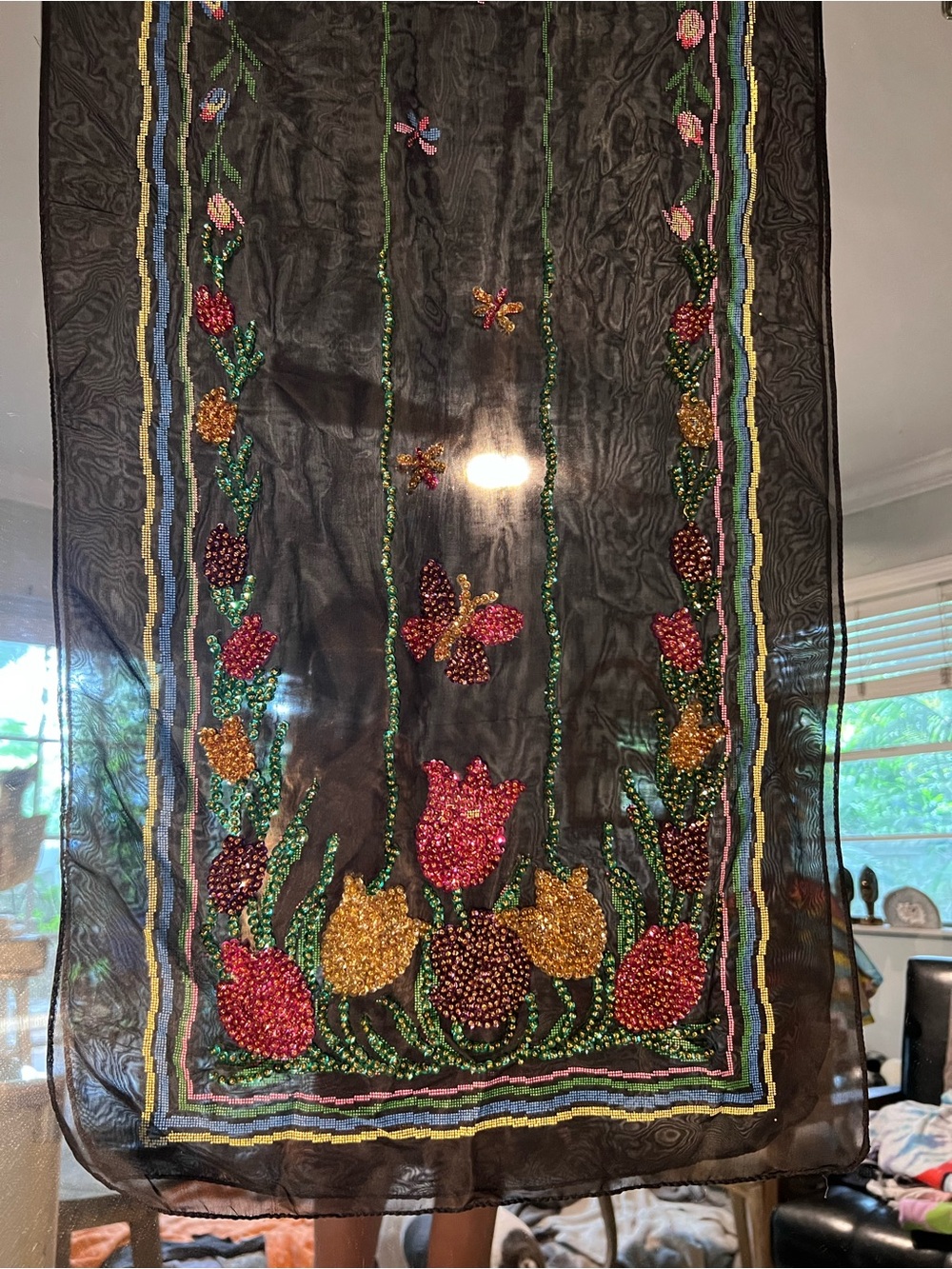 Beaded Floral Black Sheer Scarf with Pink & Gold Tulips read below